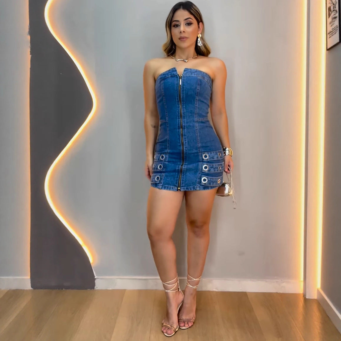 Women's Denim Dress Sexy Strapless Off-Shoulder Metal Stud Denim Mini Dress