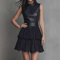 New short dress, sexy sleeveless PU leather spliced dress, elegant double-layer pleated ruffle hem skirt