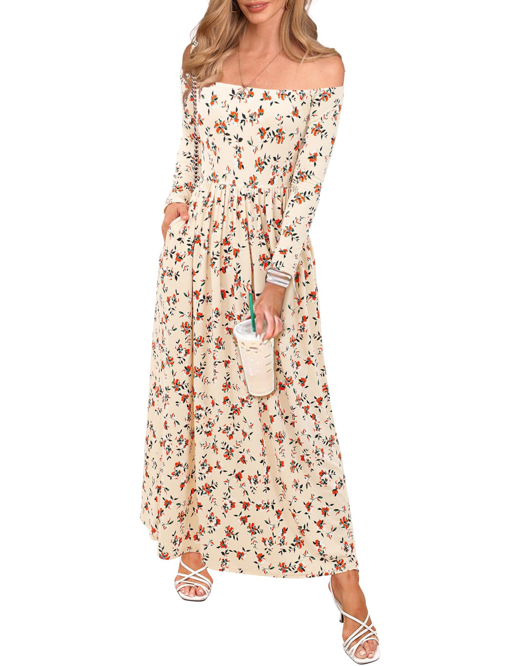 Amoretu Casual Bohemian Dress with Pockets Long Sleeve Beach Swing Dresses Floral Apricot S