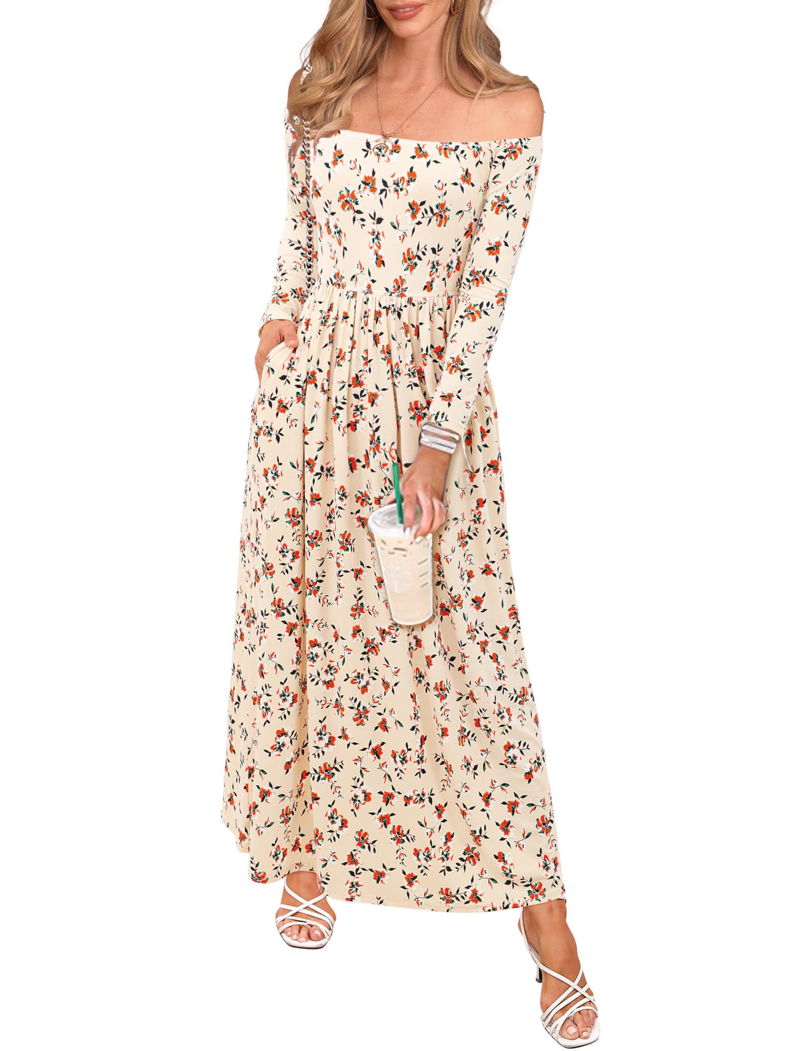 Amoretu Casual Bohemian Dress with Pockets Long Sleeve Beach Swing Dresses Floral Apricot S