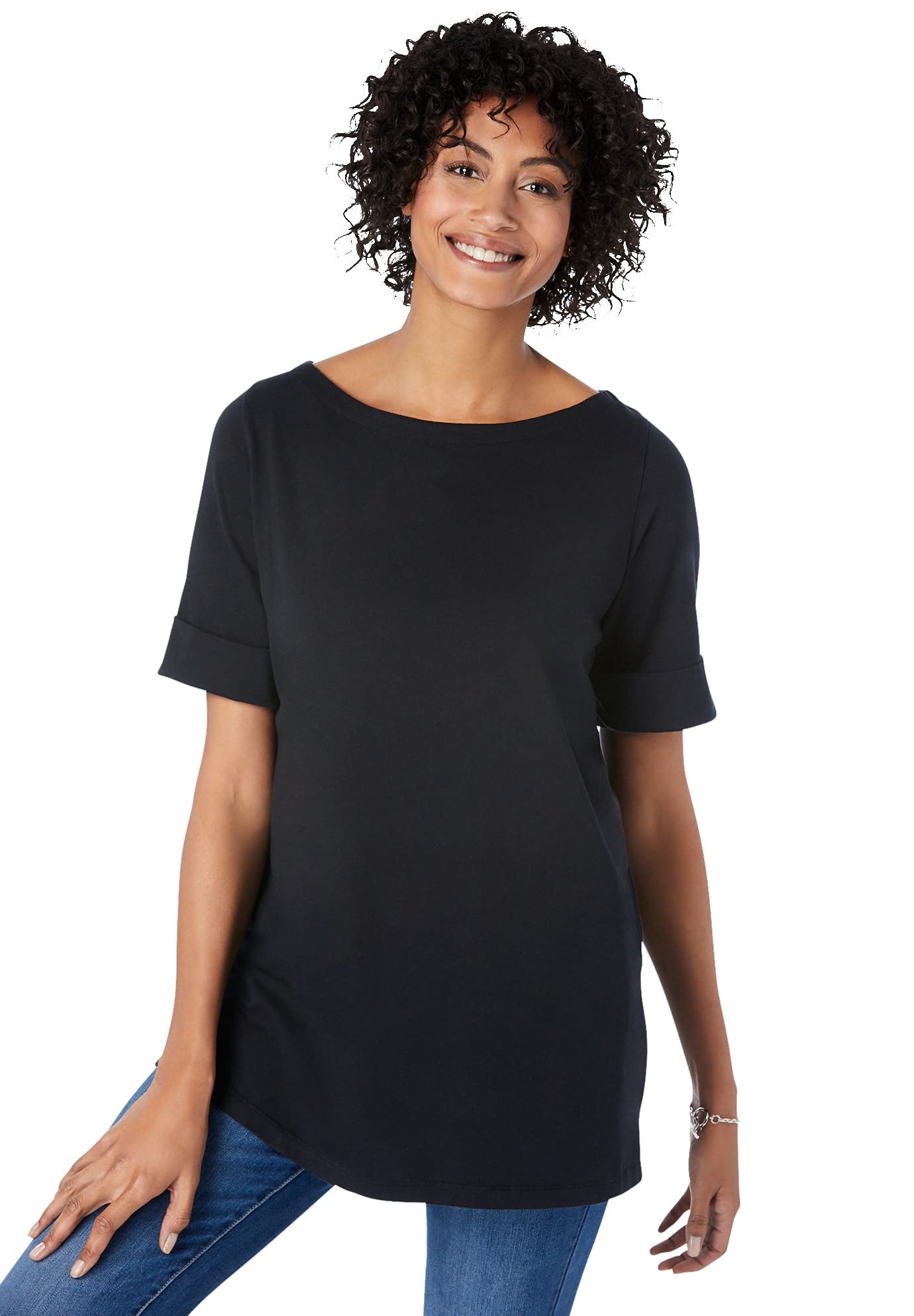 Woman Within Womens Plus Size Perfect Cuffed Elbow-Sleeve Boat-Neck Tee - M Black