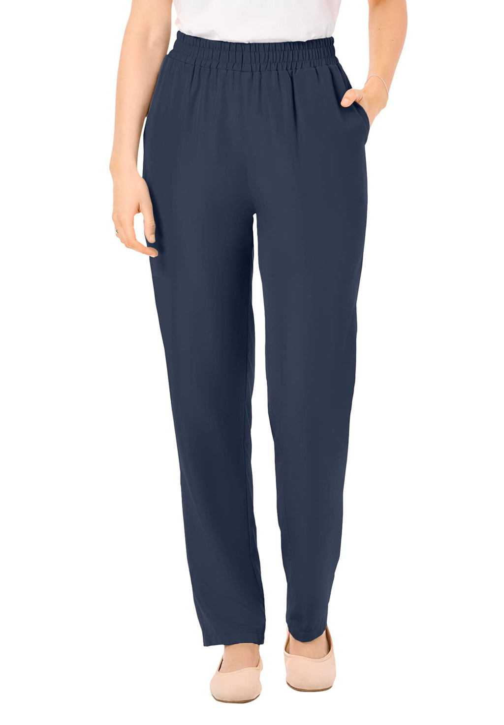 Woman Within Womens Plus Size Petite Woven Pant - 24 WP Navy