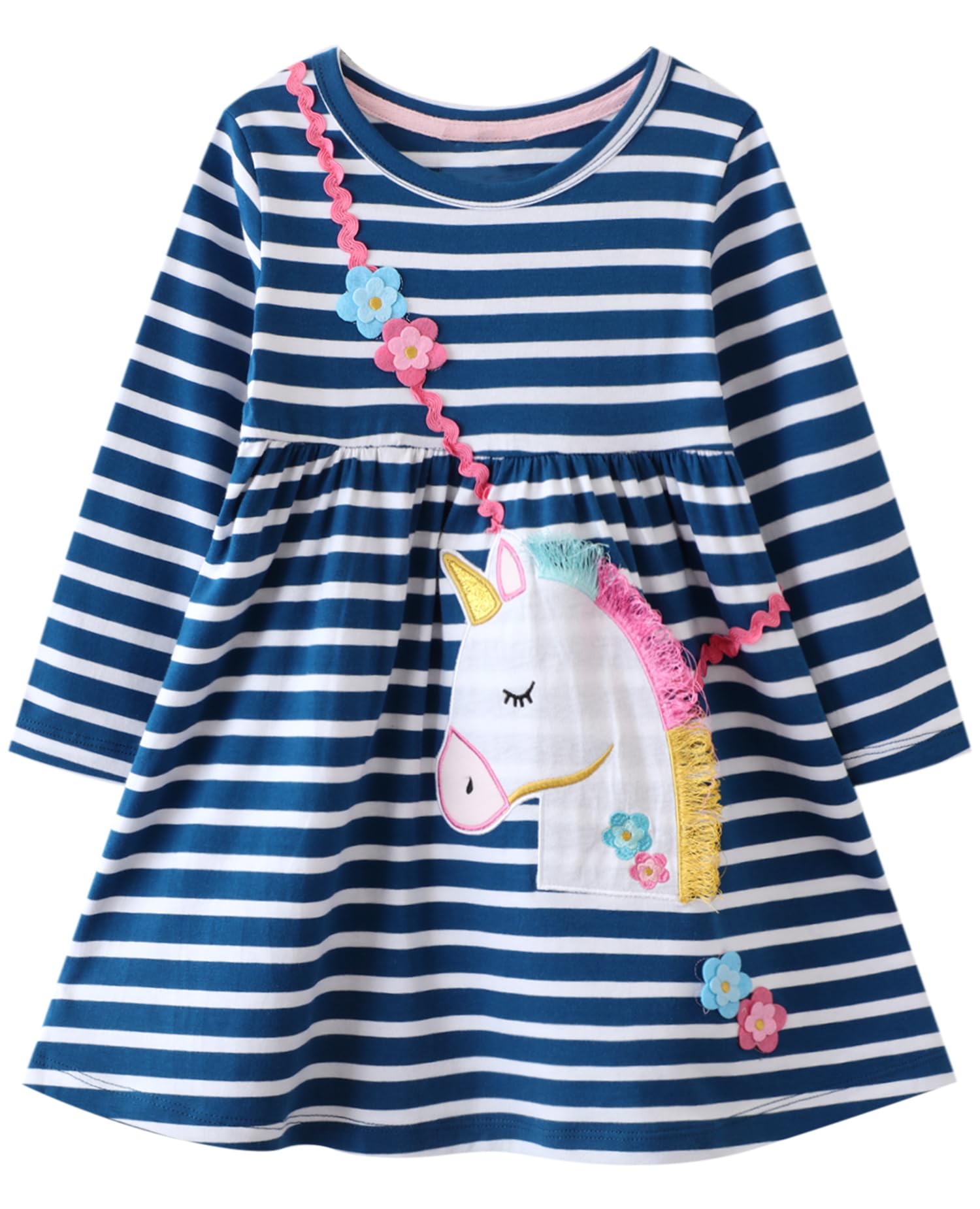 Hongshilian Girls Cartoon Dress Applique Party Dresses Casual Jersey Cotton Long-Sleeved(2TNavy&Unicorn)