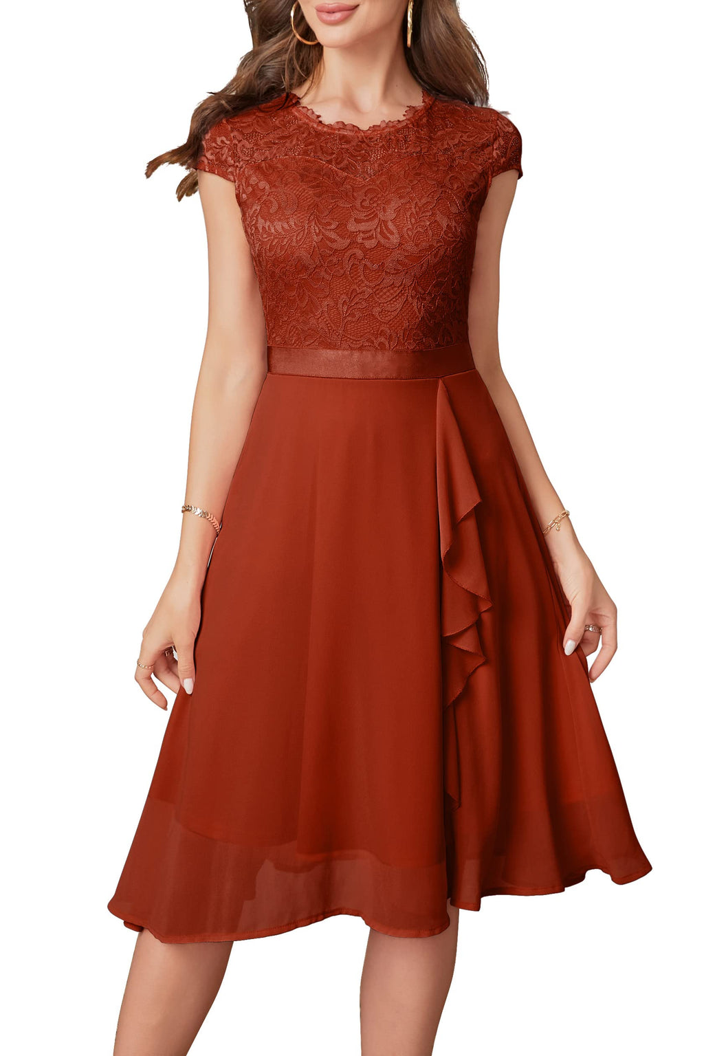 Womens Cocktail Dresses for Women Evening Party Tea Party Dresses for Women 2024 Wedding Guest Dress Black Prom Semi Formal Dress Elegant Lace Silk Bridal Shower Dress for Women Rust Brown XL