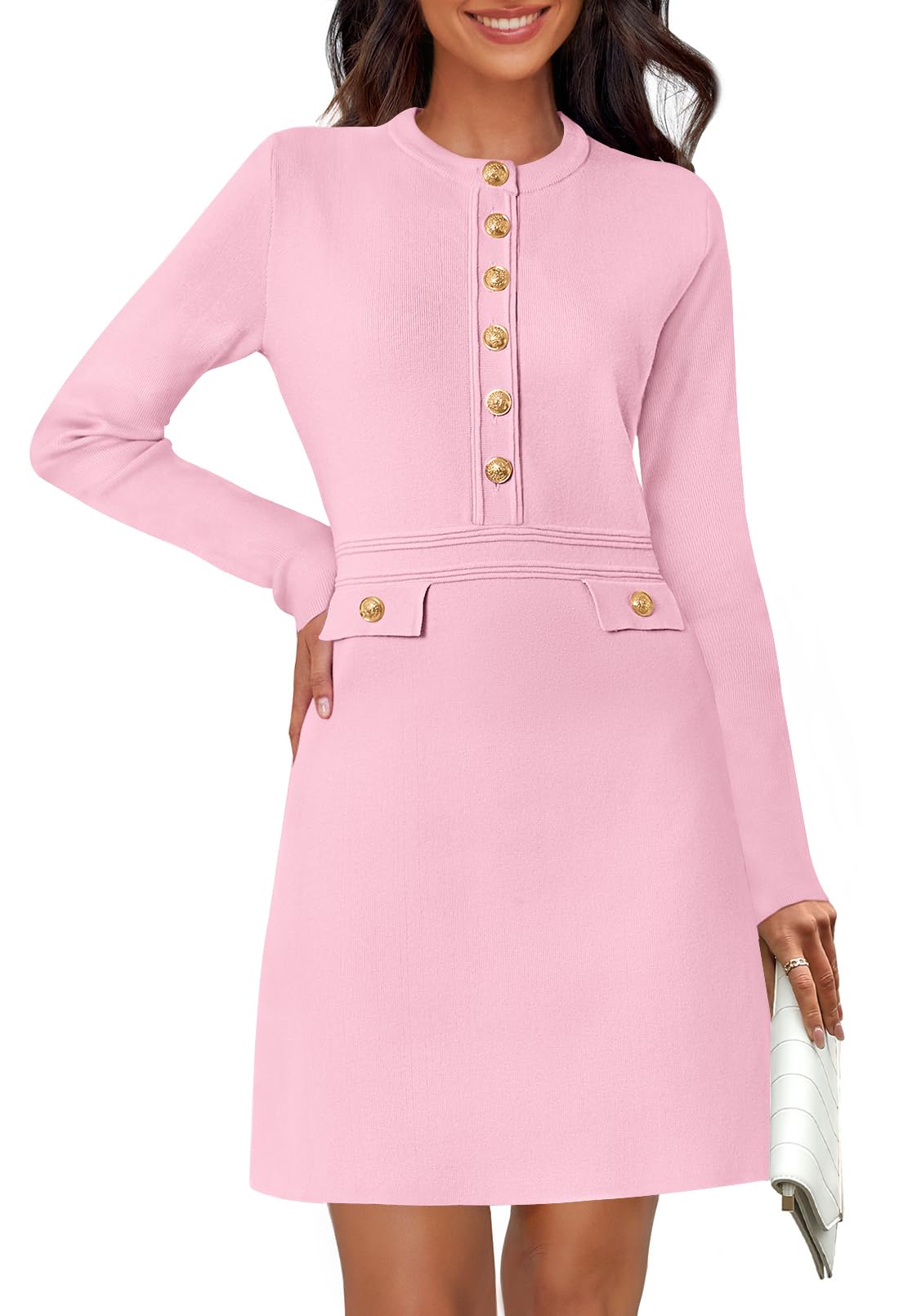 MEROKEETY Womens Long Sleeve Bodycon Sweater Dress Button Crew Neck Elegant Formal Mini Dresses LightPink Medium