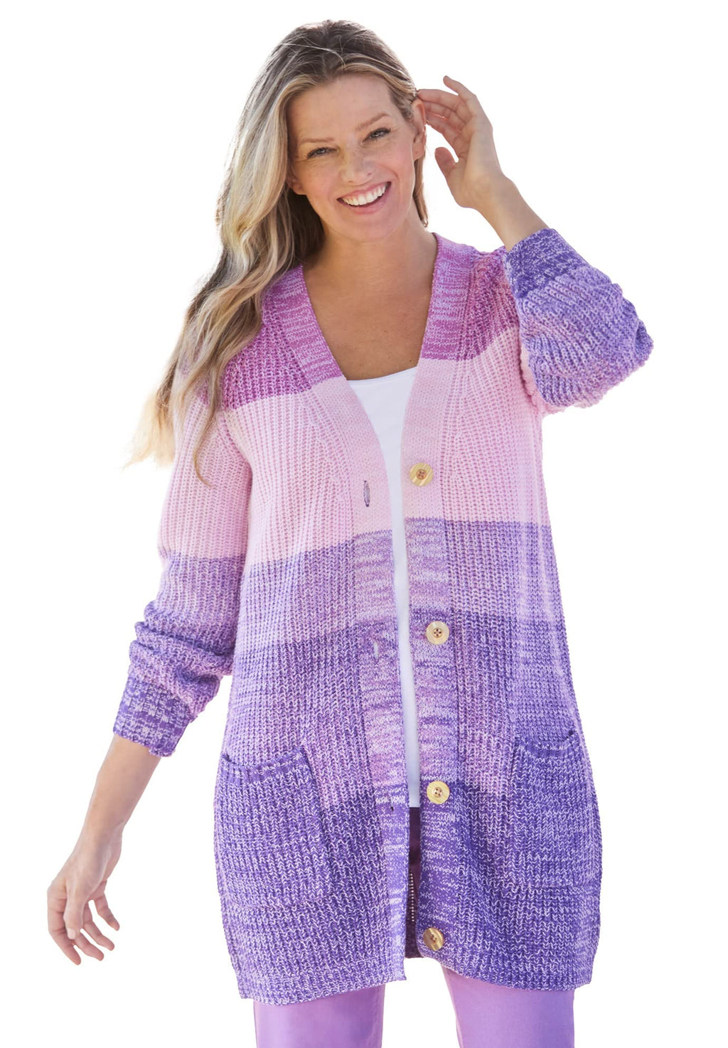 Woman Within Womens Plus Size Ombre Shaker Cardigan - 5X Purple Orchid Ombre