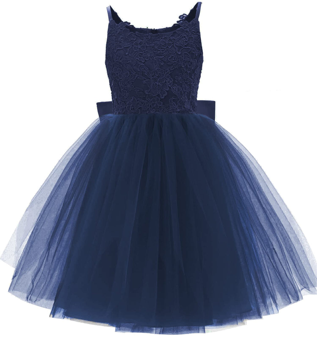 PLwedding Flower Girls Lace Tulle Ball Gowns First Communion Party Dresses Knee Length (Size 6Navy)