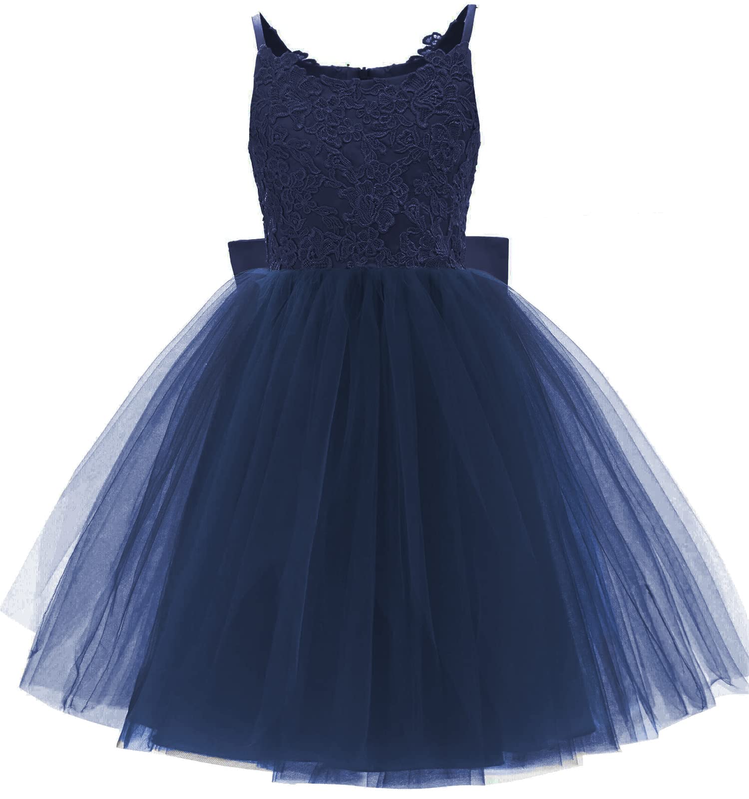 PLwedding Flower Girls Lace Tulle Ball Gowns First Communion Party Dresses Knee Length (Size 6Navy)