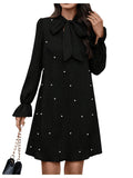 BEAUDRM Womens Pearl Decor Dress Long Sleeve Tie Neck Short Dresses Black Large