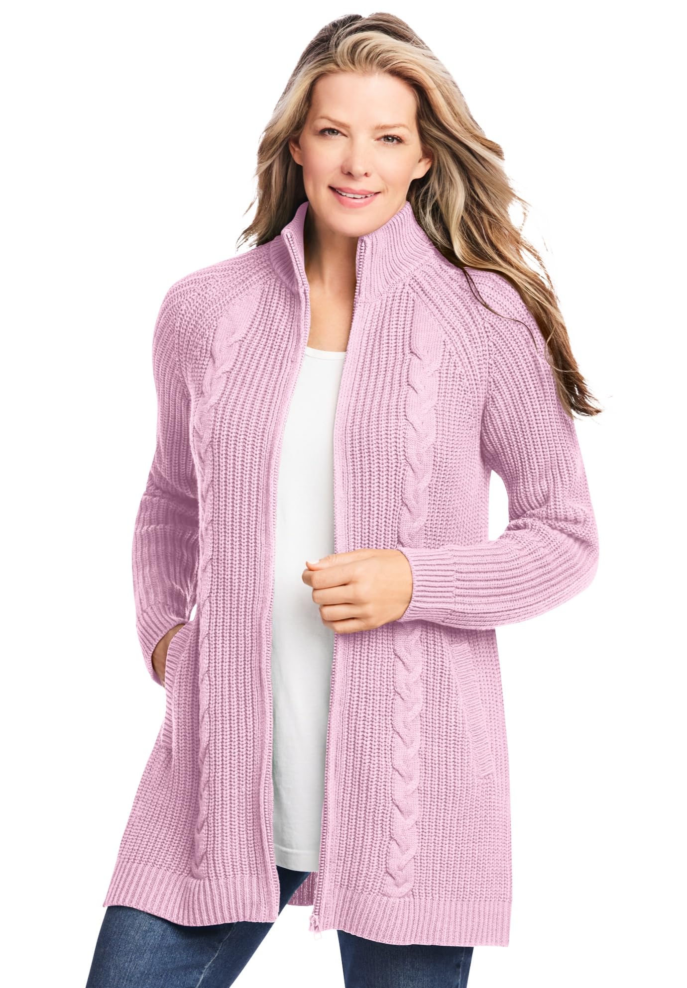 Woman Within Womens Plus Size Cabled Zip-Front Cardigan - 3X Pink