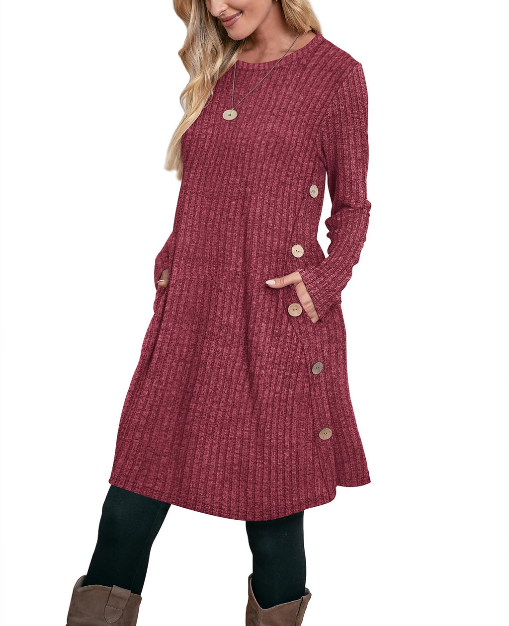 Long Sleeve Tunic Dress Side Buttons Sweater Dresses for Women Fall Red XL