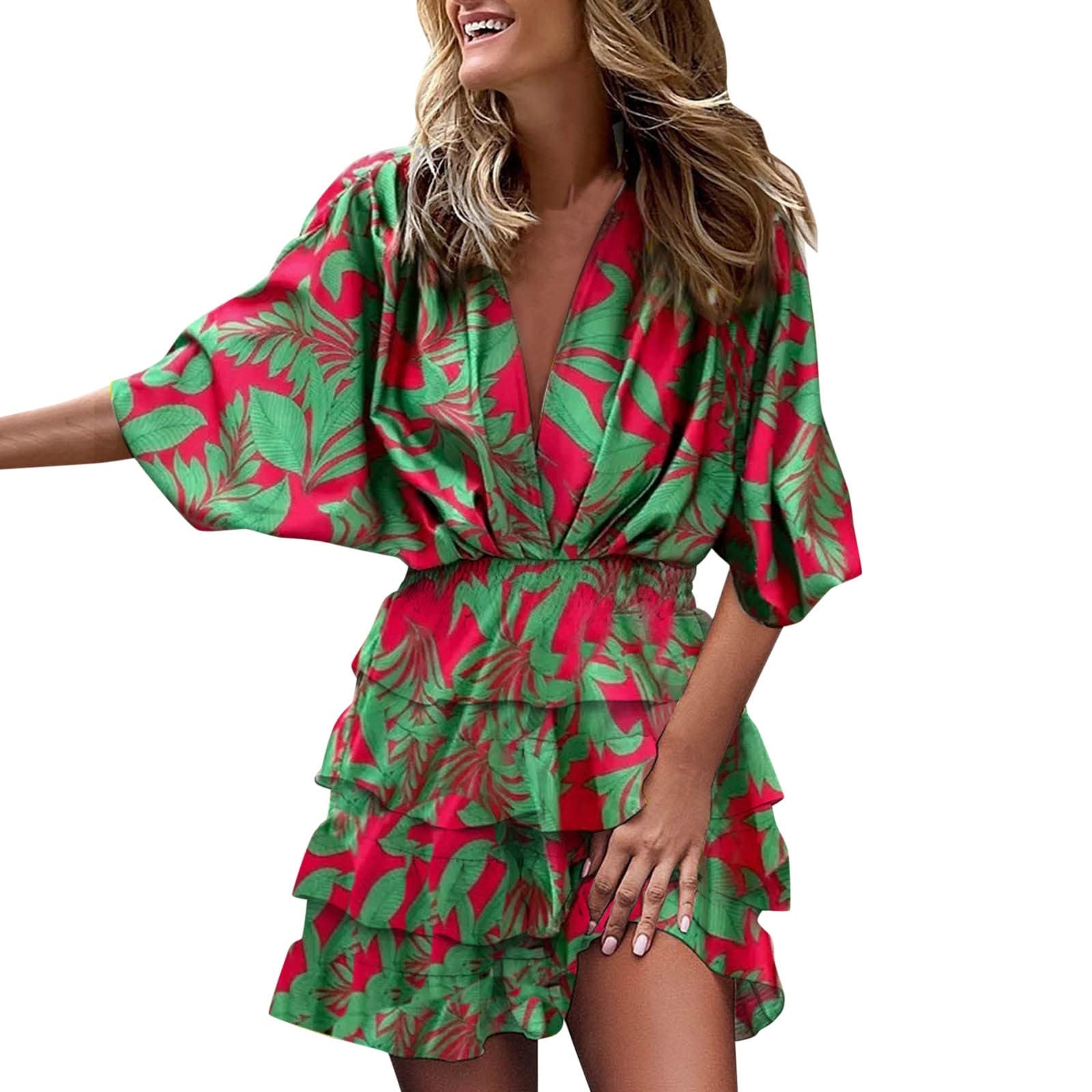 Beach Dresses for Women 2024 Vacation Short Sleeve V Neck Trendy Summer Dress Floral Flowy Ruffle Hem Batwing Sleeve Boho Mini Sundress Casual Loose Fit Ruched Vintage Short Dresses Green L