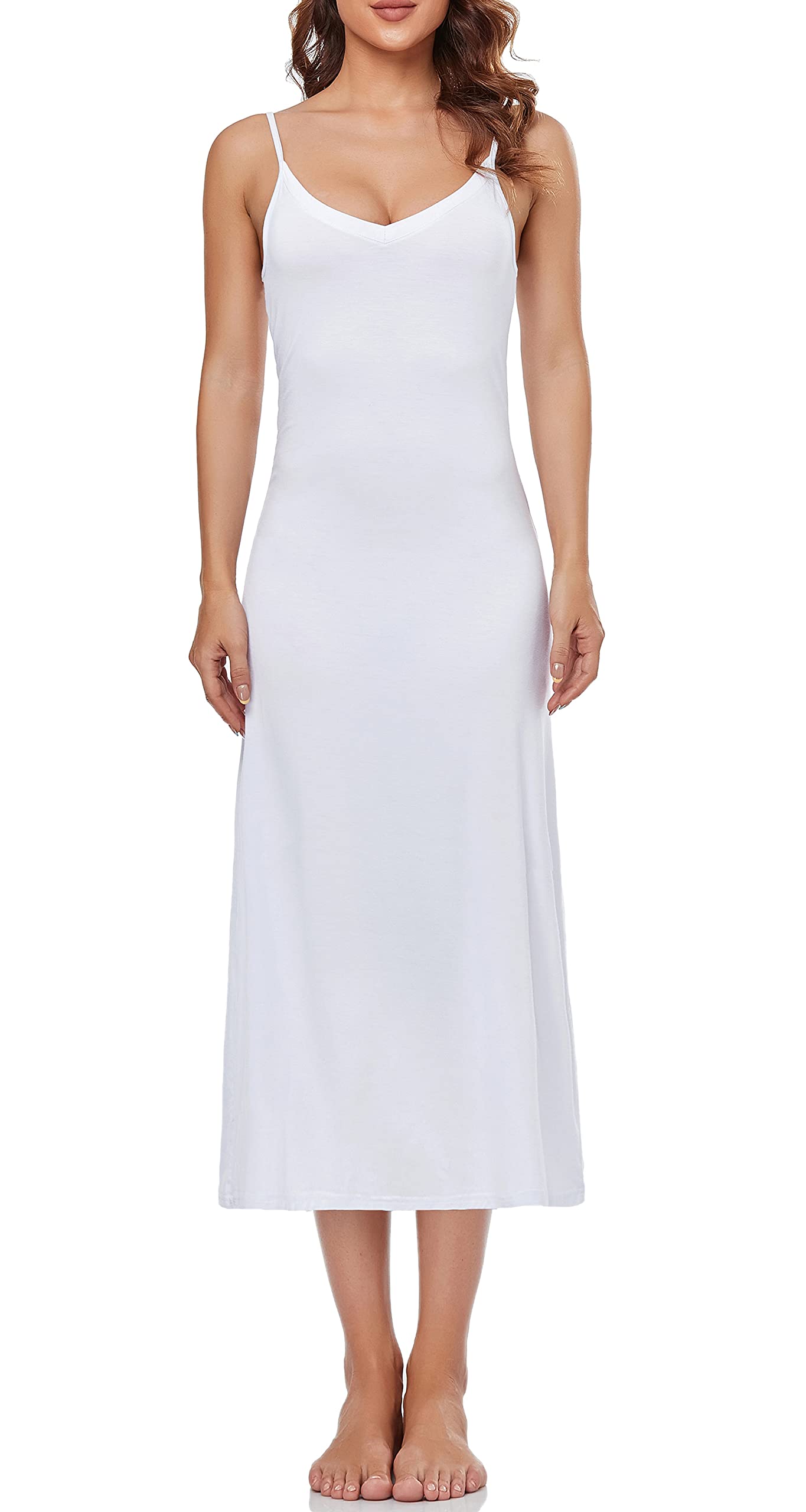 Summienlink Womens Long Full Slip for Under Dresses V Neck Nightgown Sexy Cami Dress (White XX-Large)