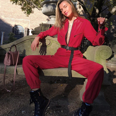 Red Jumpsuit with Sexy Zipper Design