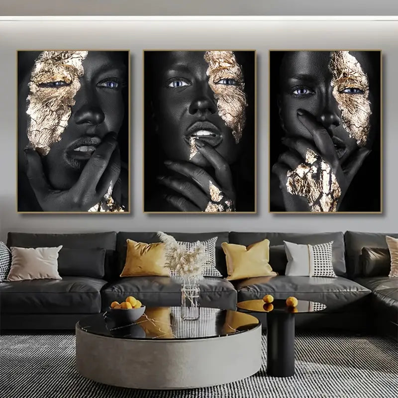 Frameless African Art Black and Gold Woman Canvas Set
