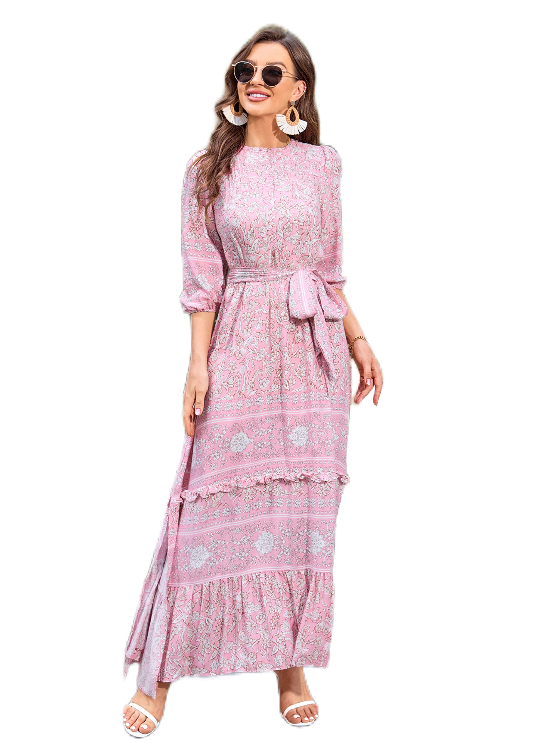 HECCPLI Women 3/4 Sleeves Front Buttons Floral Print Casual Bohemian Maxi Dresses