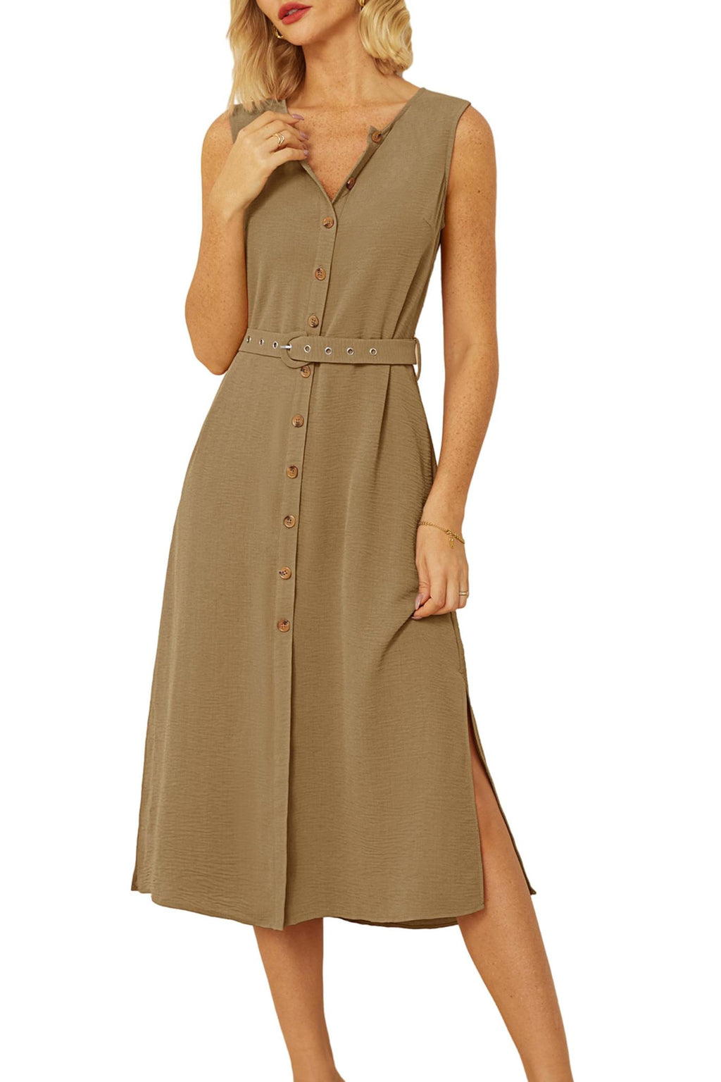 GRACE KARIN Womens Casual Summer Button Down Shirt Dress Sleevless Belted Pocket Dresses Khaki L