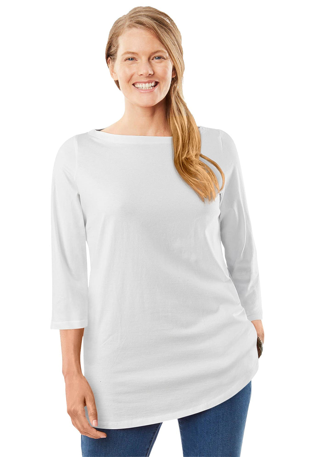Woman Within Womens Plus Size Perfect Three-Quarter Sleeve Boatneck Tee - 1X White