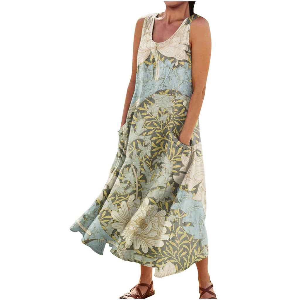 Dresses for Women 2024 Floral Print Sleeveless Casual Long Dress Cotton Linen Beach Round Neck Dresses with Pockets Linen Dress Women Square Neck Black Dress with Sleeves（X-Large6-Light Blue）