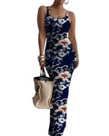 HTD Women Summer Casual Long Bodycon Maxi Dress Sexy Slip Backless Dresses Blue Print M