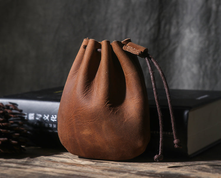 Handcrafted Crazy Horse Leather Coin Purse with Drawstring