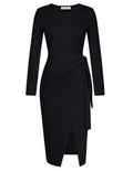 Tie Waist Dress Women Long Sleeve Wrap Casual Work Dresses Fall Bodycon Split Midi Dresses Black M
