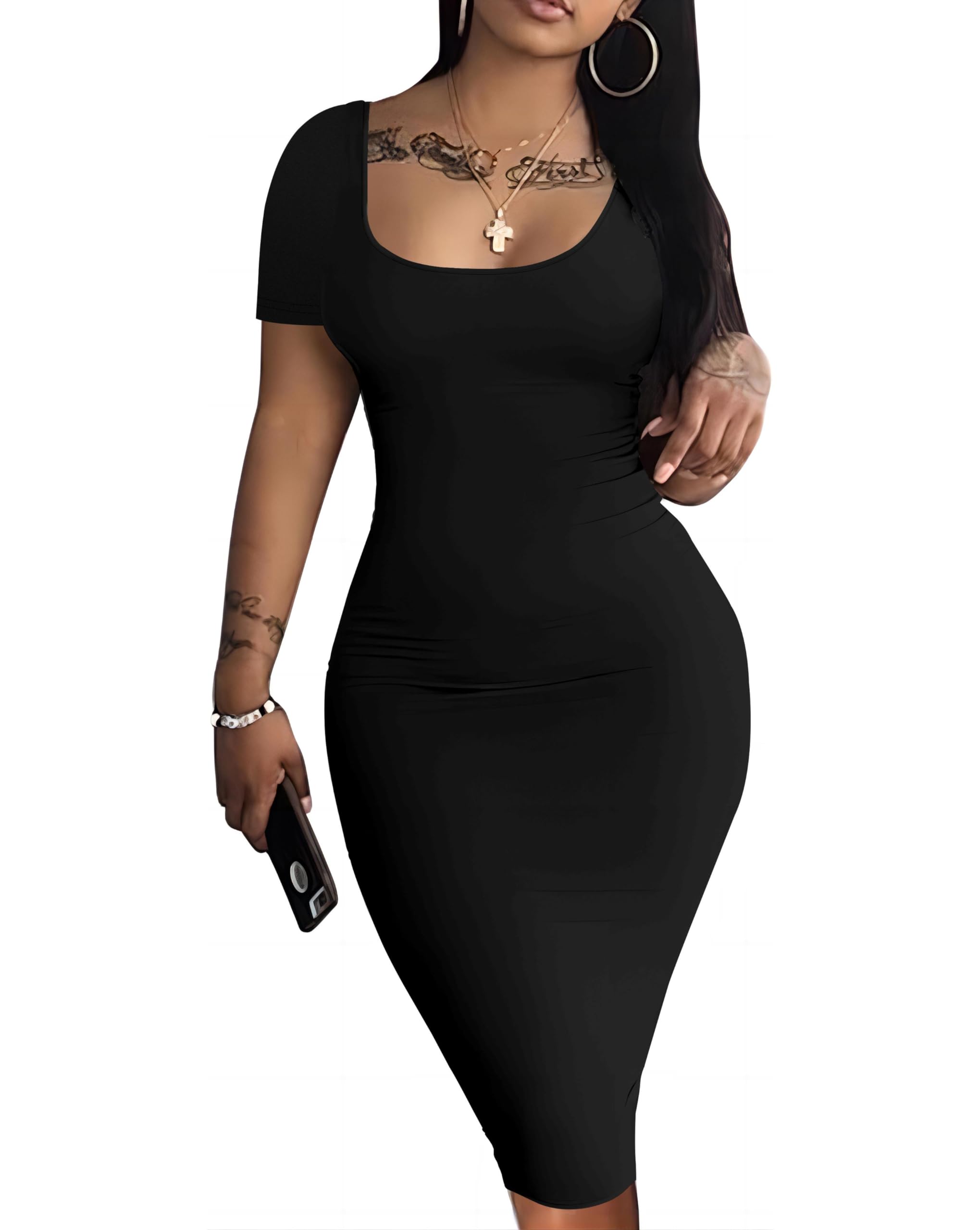 Nimsruc Womens Summer Casual Sexy Short Sleeve Bodycon Dress Basic Pencil Midi Club Dresses Black XXL