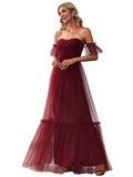 Ever-Pretty Womens Formal Dress Sweetheart Off-Shoulder Ruched Tulle Maxi Bridesmaid Dresses Burgundy US12
