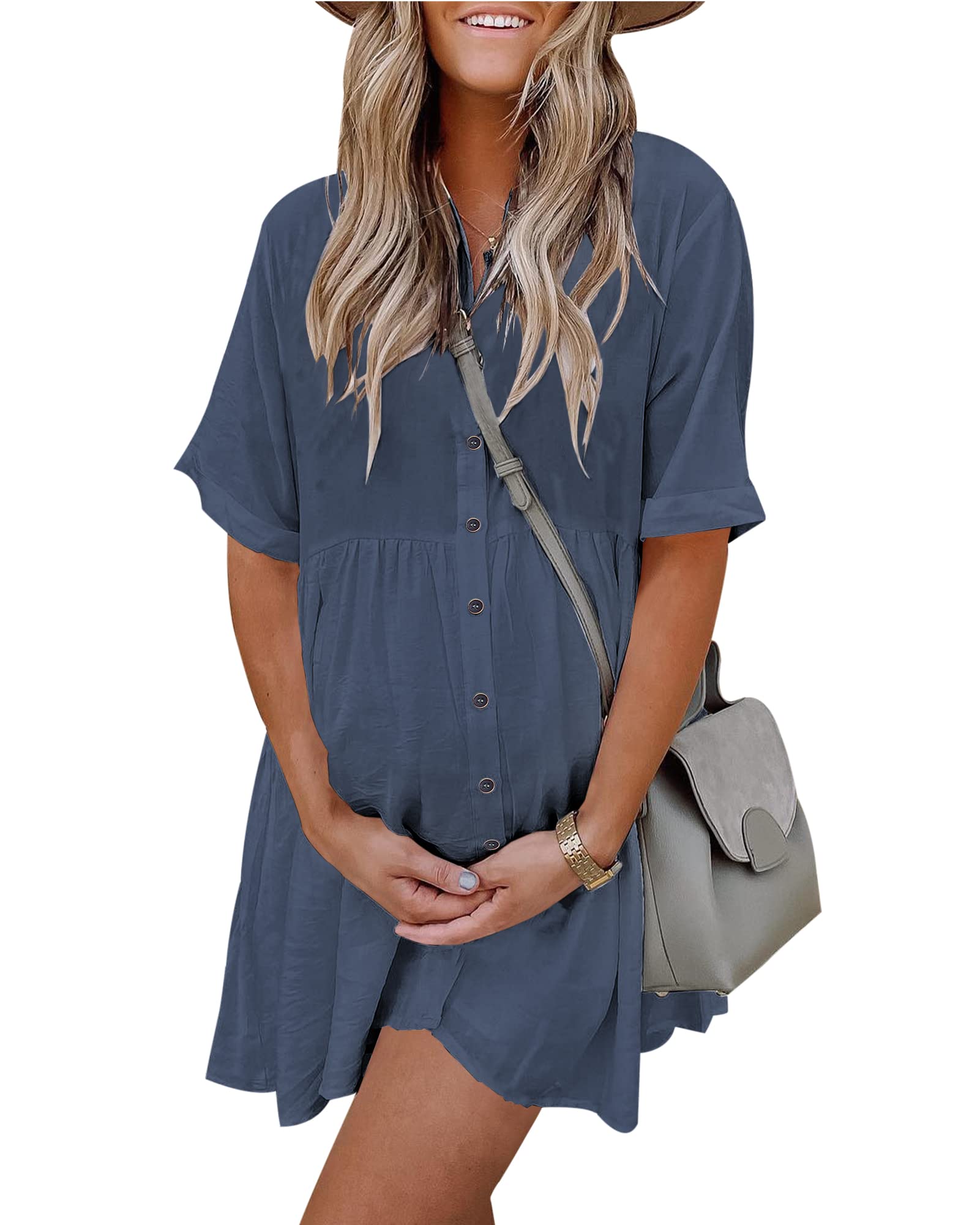 PYGFEMR Womens Short Sleeve Babydoll Dress Button Down Dresses with Pockets Gray Blue S