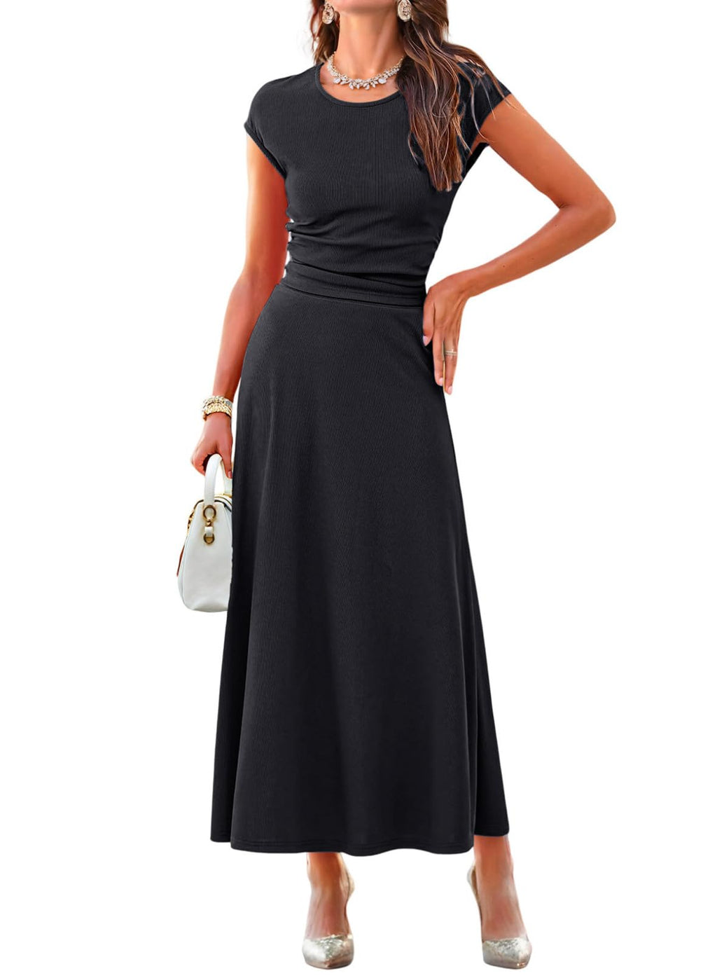 Dokotoo Black Dresses for Women 2025 2 Piece Skirt Sets Sexy Short Sleeve Casual Crewneck Ruched Knit Tops Summer A-Line Midi Knit Dress for Women Elegant Solid Color Prom Dresses Medium