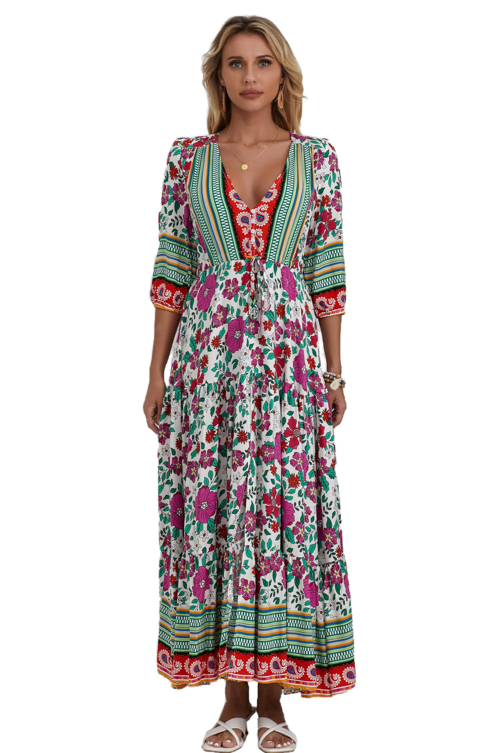 HECCPLI Women Short Sleeve V Neck Floral Print Casual Bohemian Maxi Dresses