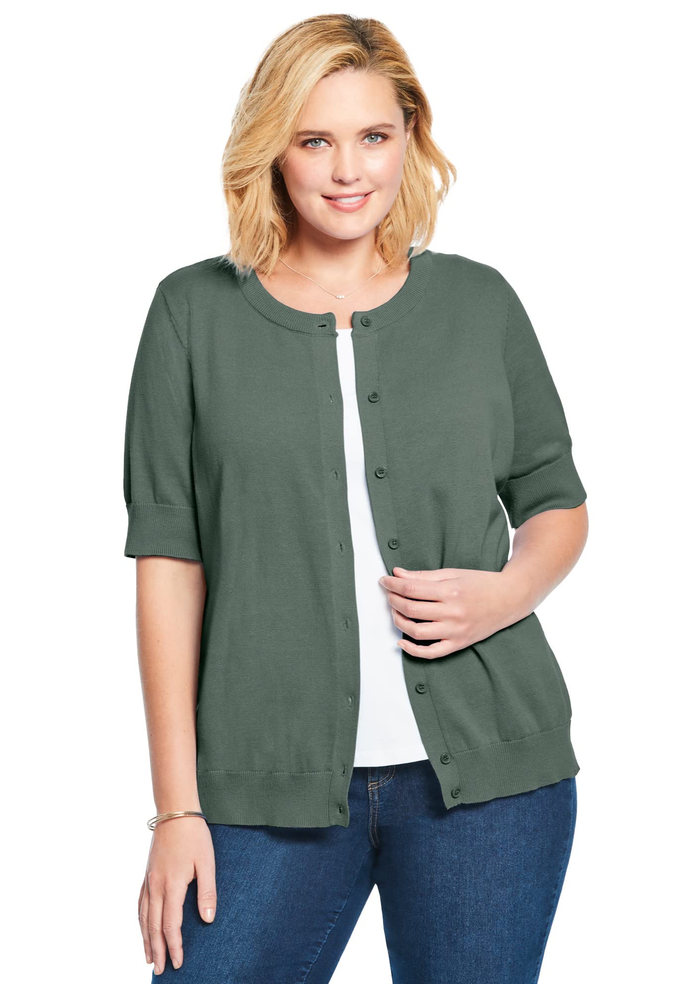 Woman Within Womens Plus Size Perfect Elbow-Length Sleeve Cardigan - M Pine