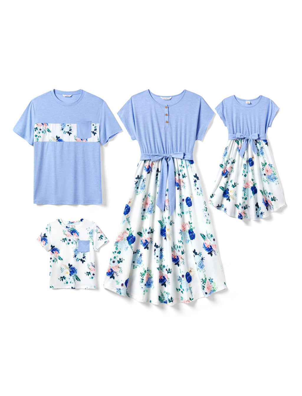 PATPAT Family Matching Outfits Mommy and Me Wrap Dresses Light Blue Matching Set Floral Printed High-Low Hem Belted Dresses and Short Sleeve T-Shirts Sets Girls 6-7 Years