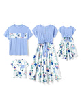 PATPAT Family Matching Outfits Mommy and Me Wrap Dresses Light Blue Matching Set Floral Printed High-Low Hem Belted Dresses and Short Sleeve T-Shirts Sets Girls 6-7 Years