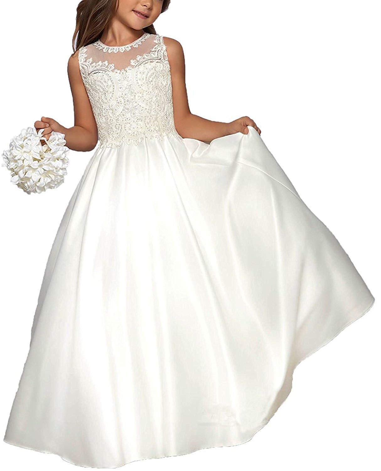Hengyud First Holy Communion Dresses Lace Flower Girls Dress for Wedding (10 White)