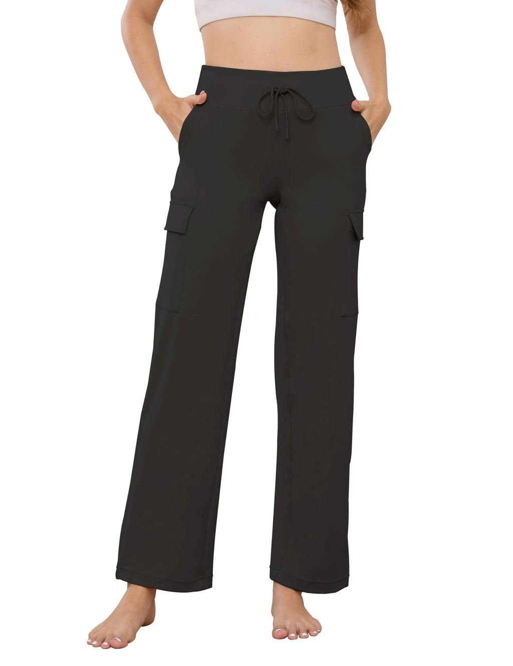 Wide Leg Cargo Yoga Pants for Women Stretchy Pull On Drawstring Yoga Pants Woman Gym Casual Lounge Workout with 4 Pockets Slacks 29" Black S