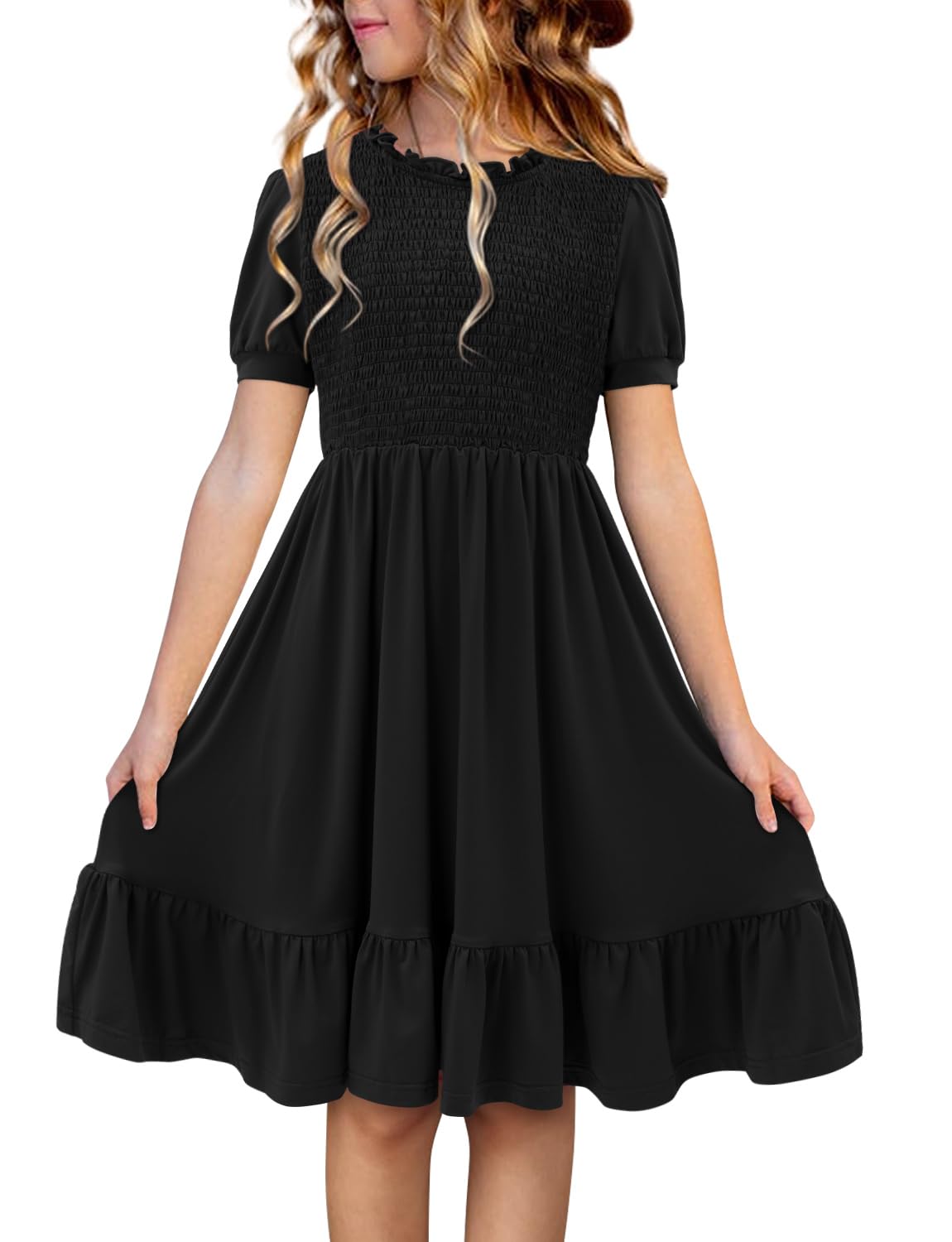 storeofbaby Girls Dress Kids Black Crewneck Short Sleeve Loose Fit School Dresses 4-5 Years