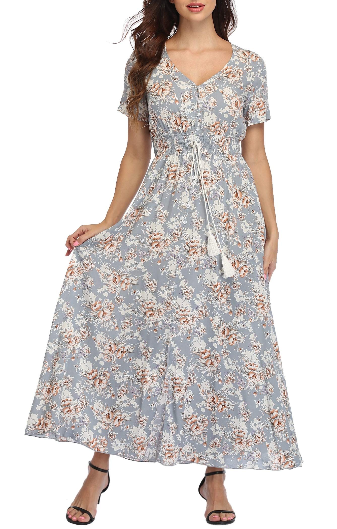 VintageClothing Womens Floral Print Maxi Dresses Boho Button Up Split Beach Party Dress XXL