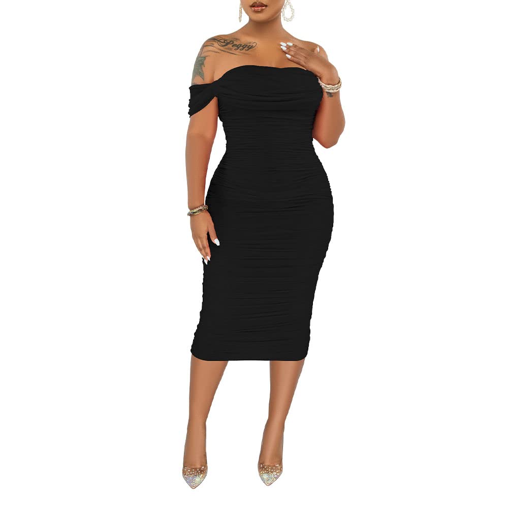 PINSV Women Ruched Off Shoulder Dress Bodycon Party Elegant Midi Dresses Black XL