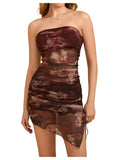 MakeMeChic Womens Tie Dye Y2k Mesh Mini Dress Strapless Bodycon Tube Dresses Red Petite-M