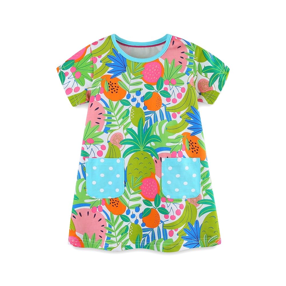 FreeLu Girls Cartoon Appliques Dress Cotton Summer Short Sleeve Dresses Casual Jersey Skirt(7TPineapple Green)