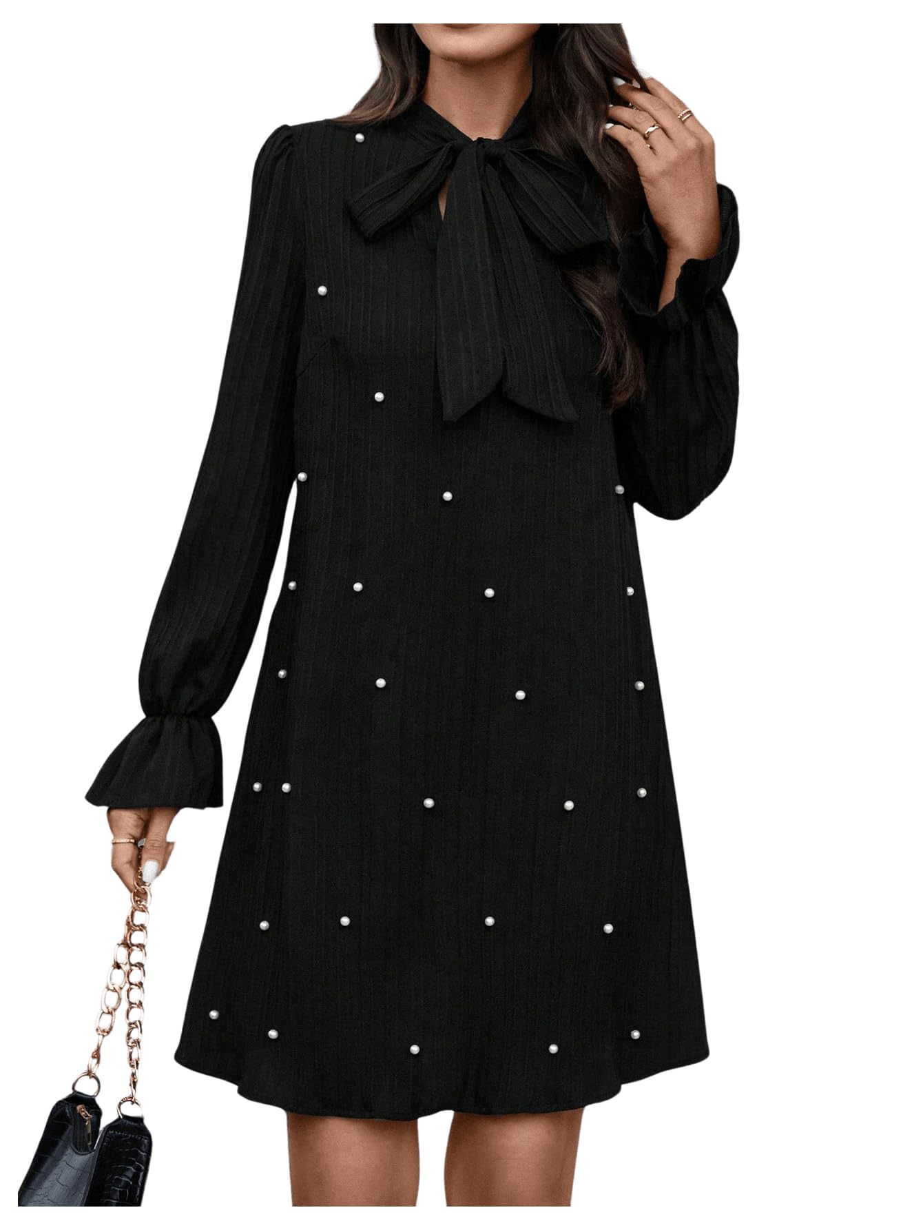 BEAUDRM Womens Pearl Decor Dress Long Sleeve Tie Neck Short Dresses Black Large