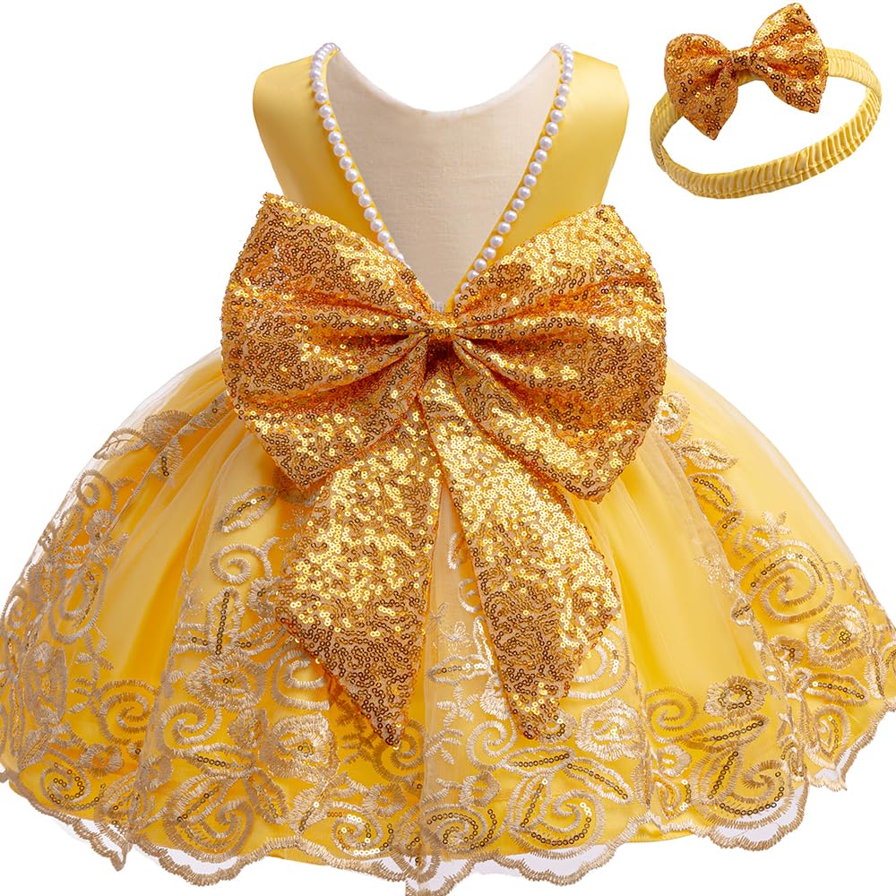 Little Girl Dresses V-Back Embroidery Tulle Flower Girls Yellow Party Dress 24 Months