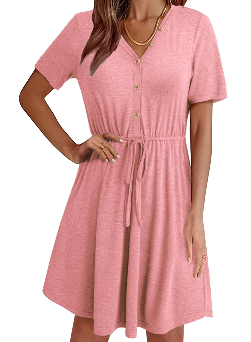 Dokotoo Casual Dresses for Women 2025 Trendy Front Button V-Neck Drawstring High Waist Short Sleeve Solid Color Soft Summer Dress Flowy High Low Hem Mini Cute Dresses Gossamer Pink Dress Large