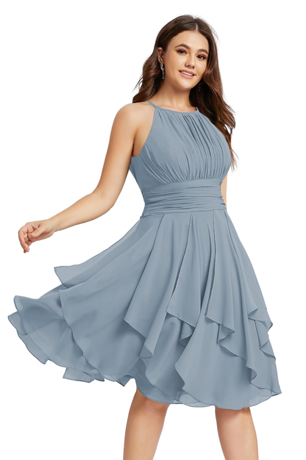 Ternlm Simple A Line Chiffon Short Bridesmaid Dresses with Pockets Ruffle Halter Midi Dresses Pleat Ruched Empire Waist Short Dusty Blue Formal Dress for Teens 14