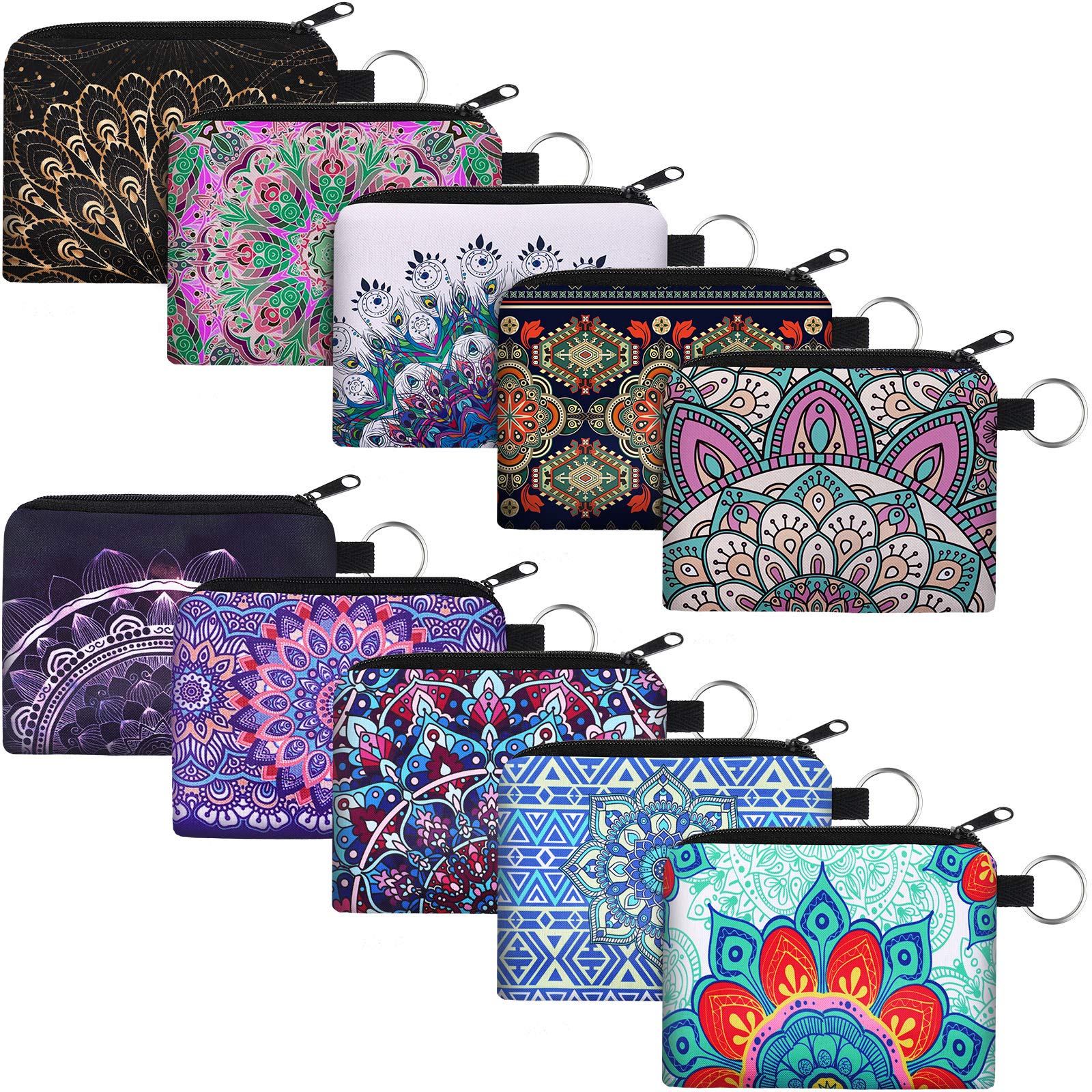 Boao 10 Pieces Small Coin Purse for Women Adults Change Purse Pouch Mini Wallet Coin Bag with Zipper(Bohemian Series)