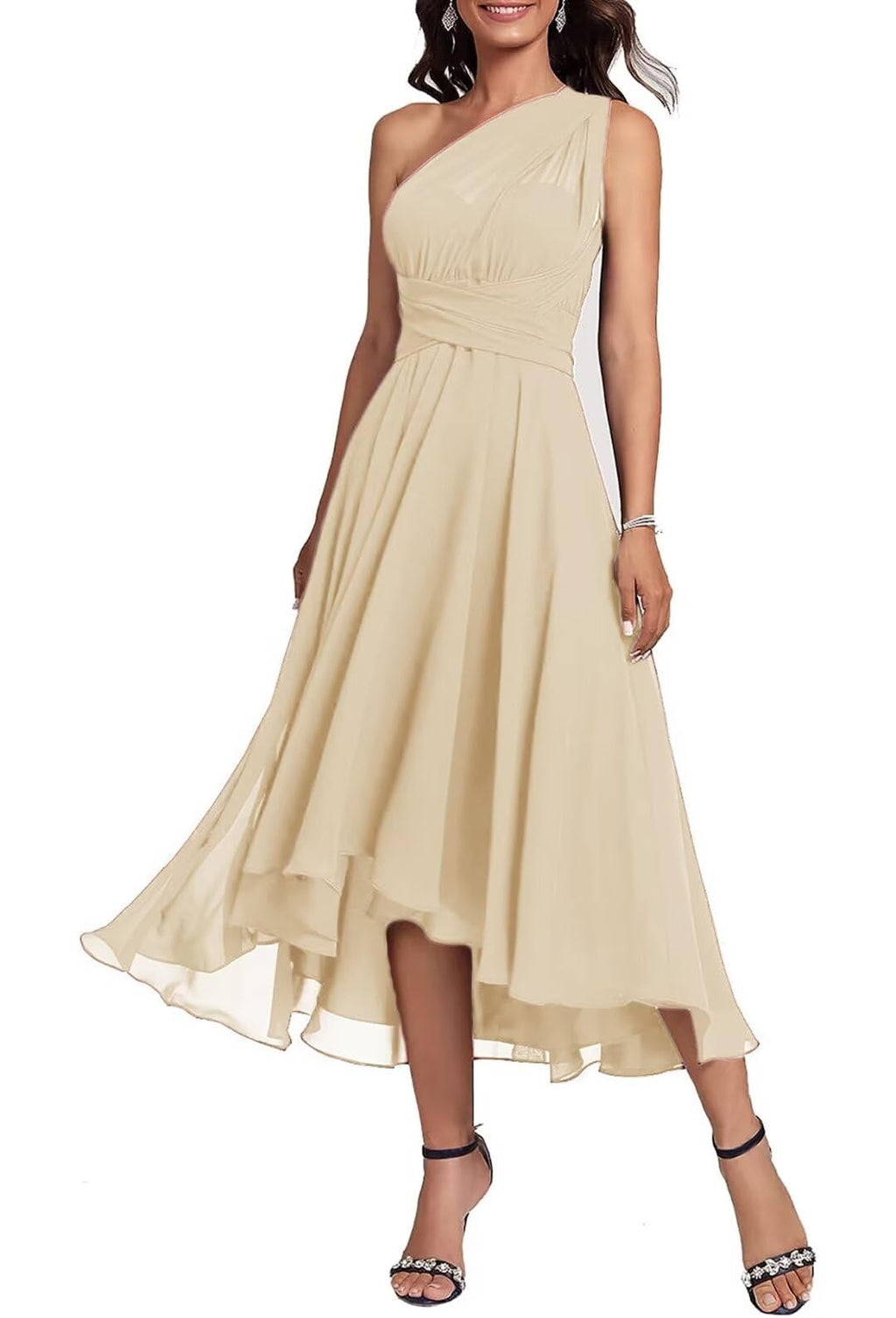 ARYIKEOL Womens One Shoulder Chiffon Bridesmaid Dresses High Low Convertible Wedding Guest Dress Champagne US10