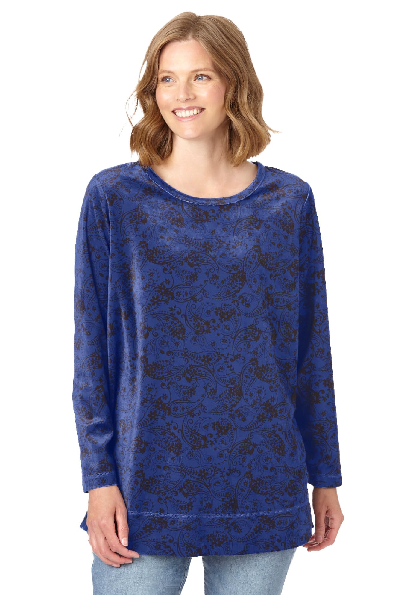 Woman Within Womens Plus Size Plush Velour Tunic Sweatshirt - 2X Ultra Blue Floral Paisley