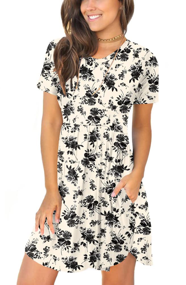LONGYUAN Womans Summer Short Sleeve Casual Loose Dresses Swing Sundress with Pockets Floret Medium