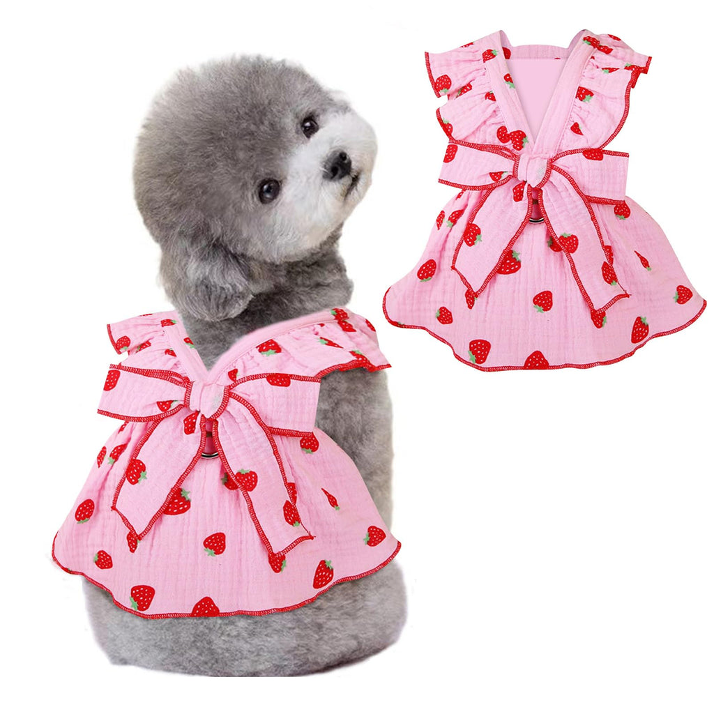 Dog Dresses for Small Dogs Girl 100% Cotton Girl Dog Clothes with Leash Ring & Bow DecorCute Small Dog Clothes for Girls Strawberry PrintSummer Cat Dresses for Cats Only (Pink Large)